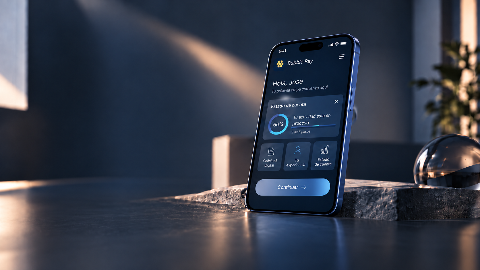 Vista previa de Bubble Pay™ en un teléfono azul